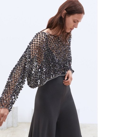 Zara Limited Edition Gray Sequined Mesh Cropped Top, NWT, S - Picture 16 of 16